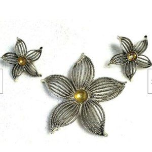 Michele Linn Brooch Pin Earrings Set Vintage Art Deco Star Silver Toned